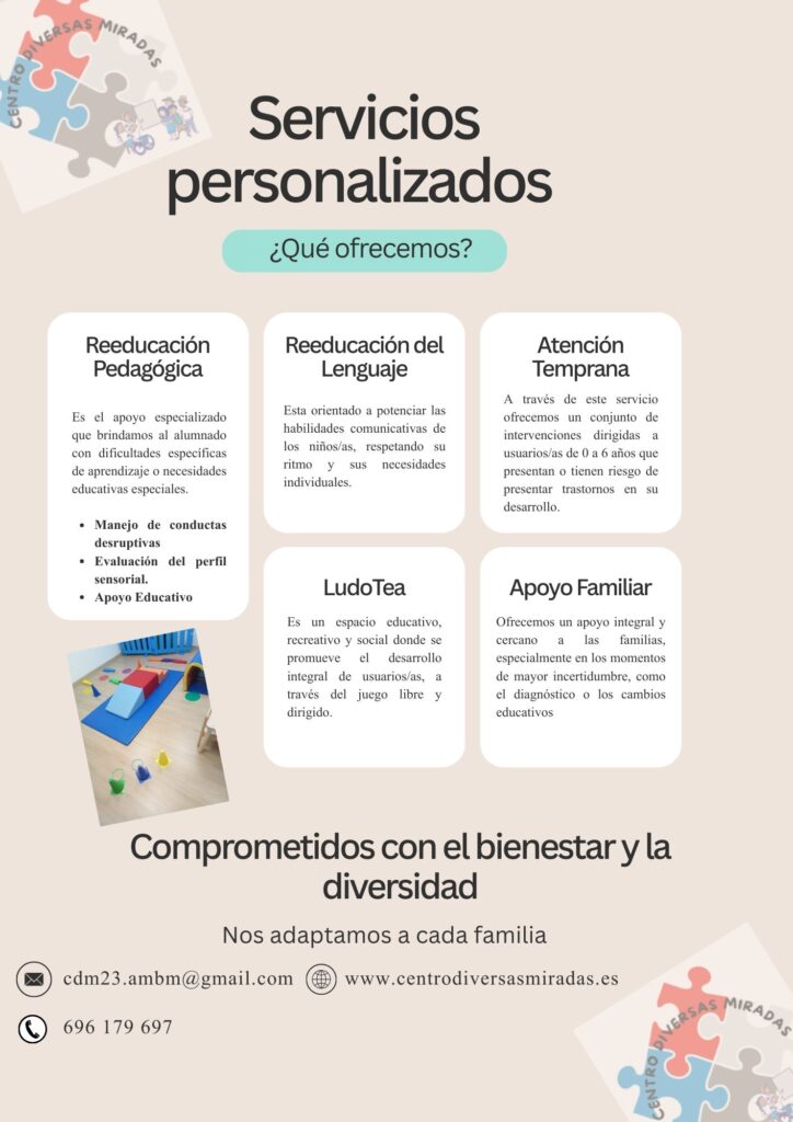 En Centro Diversas Miradas acompañamos a niños, adolescentes y adultos desde una atención personalizada, respetuosa y basada en sus necesidades reales. Ofrecemos apoyo educativo, atención temprana, reeducación pedagógica y del lenguaje, talleres y espacios de intervención donde la comprensión, la inclusión y el desarrollo integral son el eje de nuestro trabajo. Creemos en mirar a cada persona desde sus capacidades, potenciando su bienestar, su autonomía y su evolución, siempre en coordinación con las familias y el entorno educativo. 💙 Porque cada proceso es único y merece ser acompañado con sentido. 📩 Si deseas conocernos o recibir información, puedes solicitar cita en: 👉 www.centrodiversasmiradas.es 📱 o pedir cita por WhatsApp en el 696 179 697